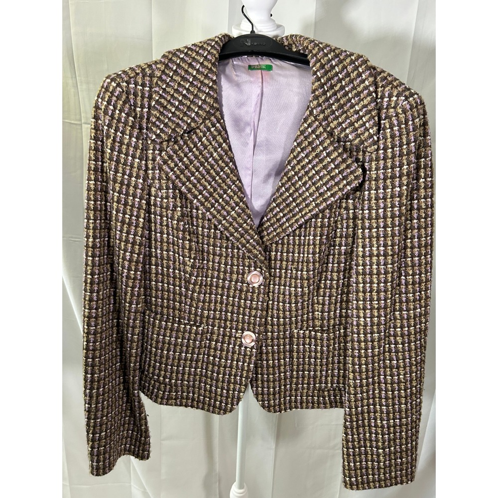 United Colors of Benetton Women's Tweed Blazer Jacket Purple Brown Tan Size 46